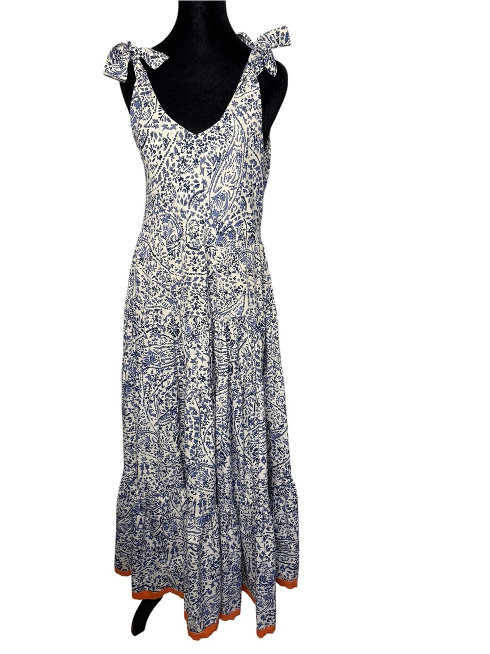 THML White Blue Paisley Sundress Adjustable Tie Shoulder Midi Dress Boho XS - Picture 3 of 10